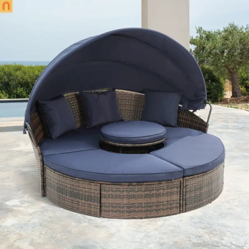 Outdoor Round Canopy Daybed Rattan Navy Blue Clamshell Set