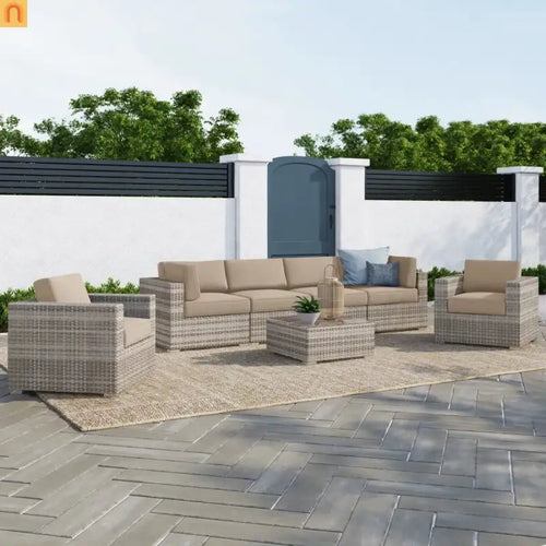 Outdoor Sectional Set Gray Wicker 7 Piece Seats 6 with Cushions