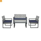 Outdoor Sectional Set PE Rattan Gray Acacia Blue Cushions 4 Piece
