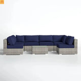 Outdoor Sectional Set Wicker Dark Blue Gray 7 Piece Seats 6