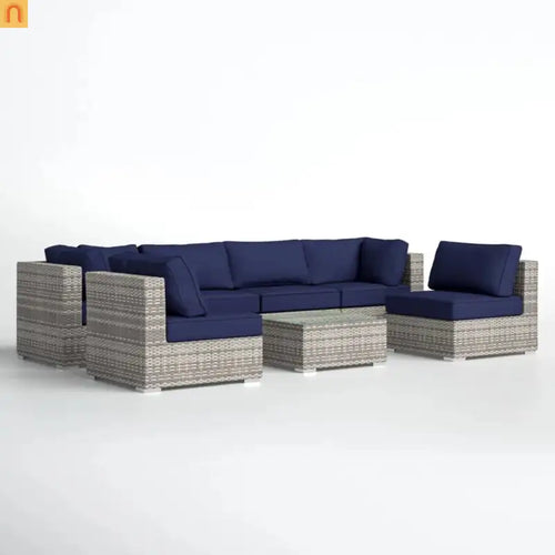 Outdoor Sectional Set Wicker Dark Blue Gray 7 Piece Seats 6