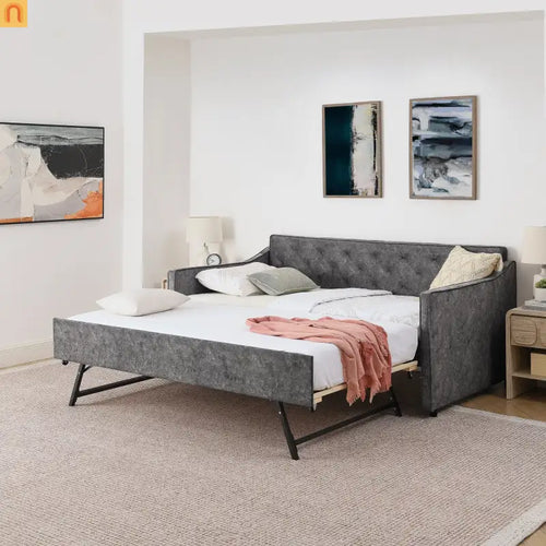 Bed Frame Daybed Twin Velvet Gray Pop-Up Trundle USB 300 lb