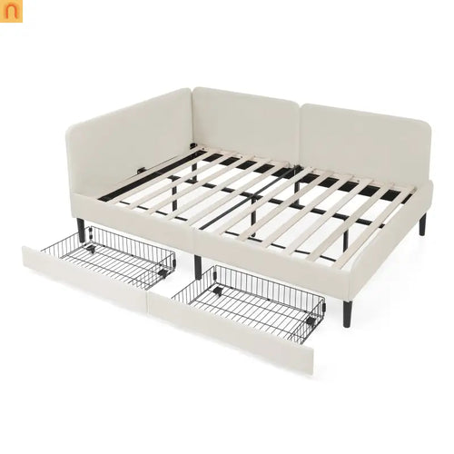 Bed Frame Platform Velvet Beige Full Storage Drawers 300 lb