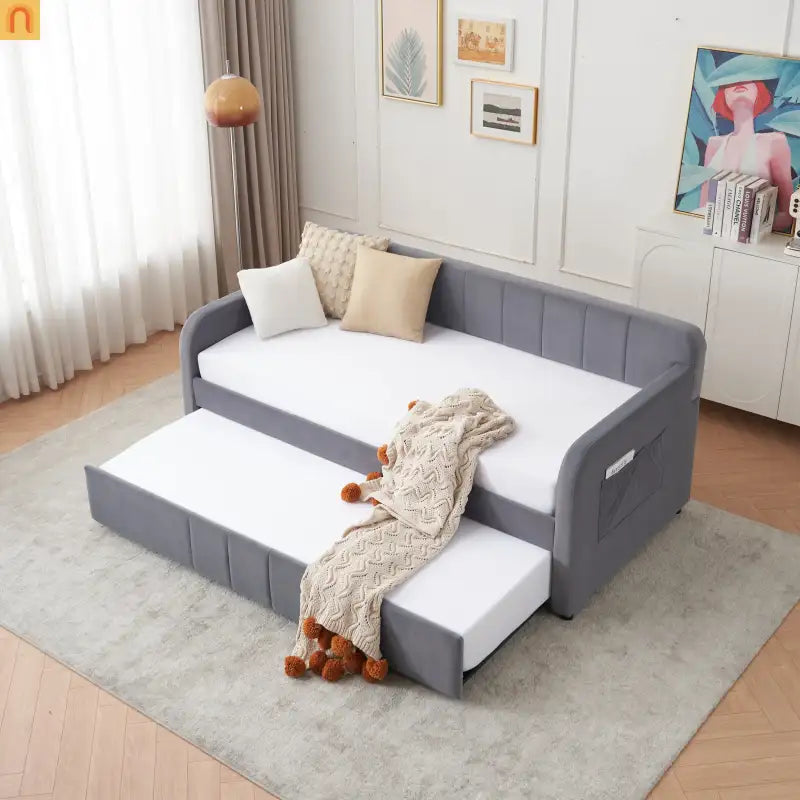 Bed Frame Daybed Twin Velvet Gray Roll-Out Trundle 250 lb