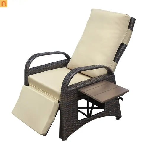 Outdoor Recliner Chair Wicker Khaki Adjustable Built-in Table