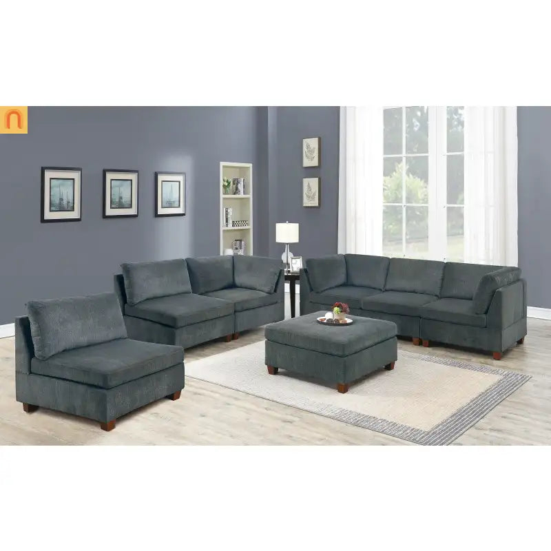 Sectional Sofa Modular Chenille Gray 7-Piece Ottoman