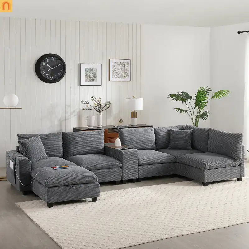 Sectional Sofa Modular Corduroy Gray 6-Seat USB Console 140in