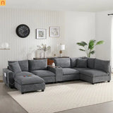 Sectional Sofa Modular Corduroy Gray 6-Seat USB Console 140in