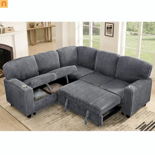 Sectional Sofa Bed L-Shape Corduroy Gray 5-Seat USB Storage