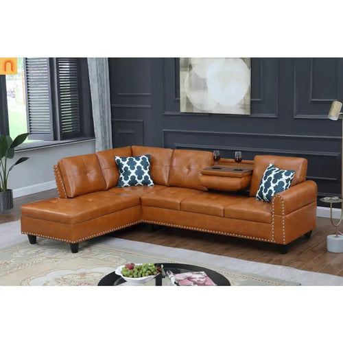 Sectional Sofa L-Shape Faux Leather Ginger 3-Seat Cup Holders