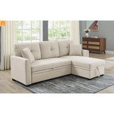 Sectional Sofa L-Shape Linen Almond 3-Seat Pullout Bed Storage