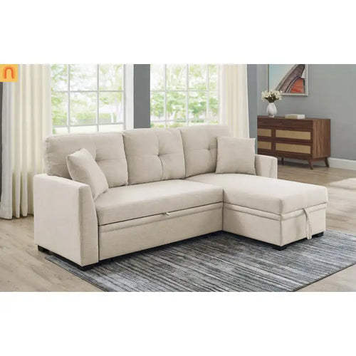 Sectional Sofa L-Shape Linen Almond 3-Seat Pullout Bed Storage