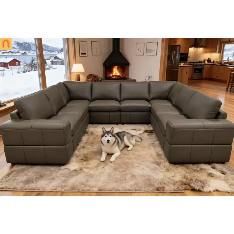Sectional L-Shape Leather Match Olive Green Square Arm 8-Seat 131in