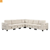 Sectional Sofa Modular Corduroy Beige 7-Seat Storage USB 112in
