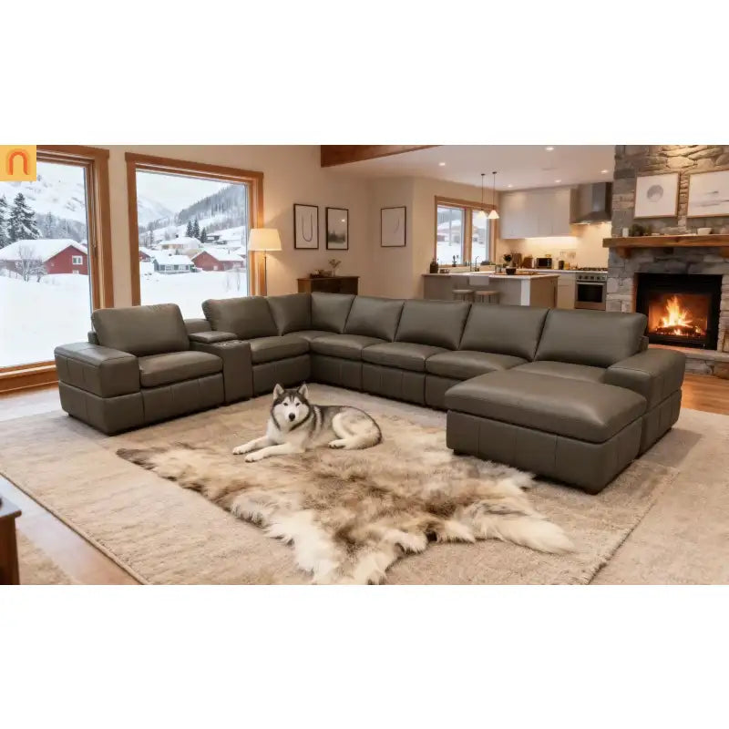 Sectional Modular Leather Match Olive Green Square Arm 8-Seat 159in