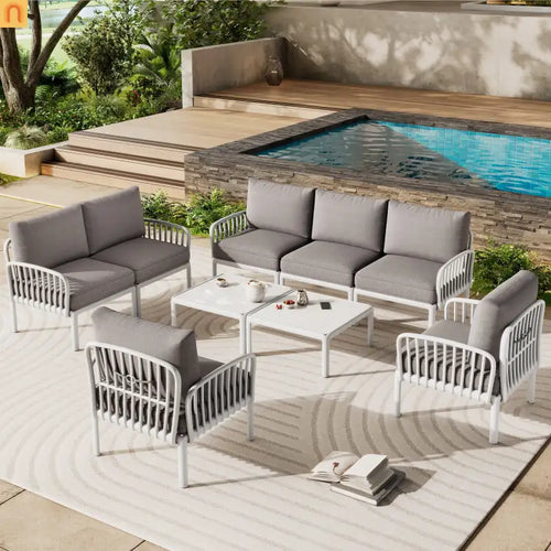 9 Piece Outdoor Sectional Modular White Gray