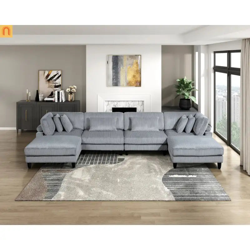 Sectional Sofa Modular Corduroy Gray 6-Seat 160in 2 Ottomans