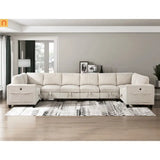 Sectional Sofa Modular Corduroy Beige 8-Seat Storage USB 163in