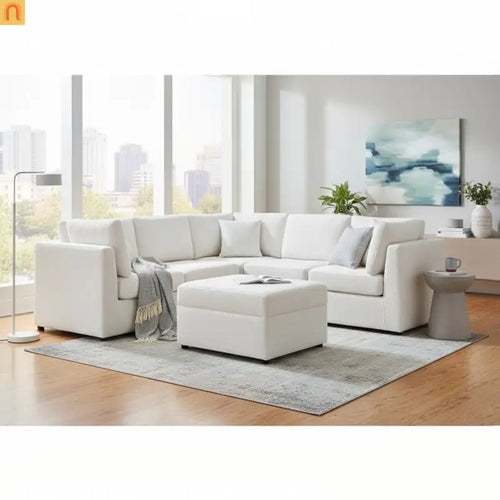 Sectional Sofa Modular Performance Fabric Ivory 6-Seat 93in
