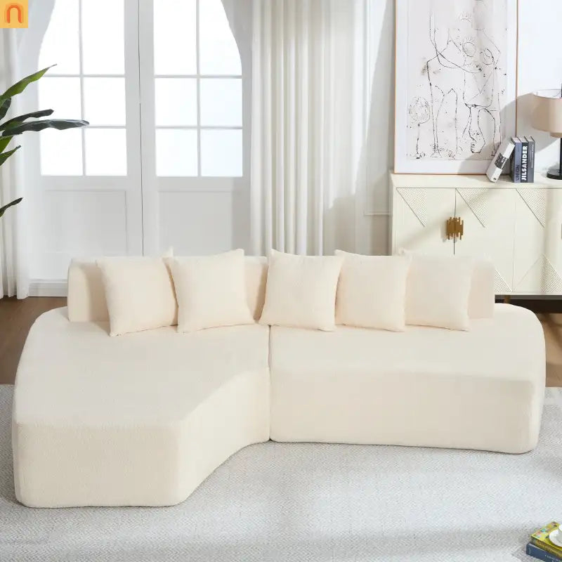 Sectional Sofa Modular Corduroy Ivory 3-Seat 5 Pillows 110in No Assembly