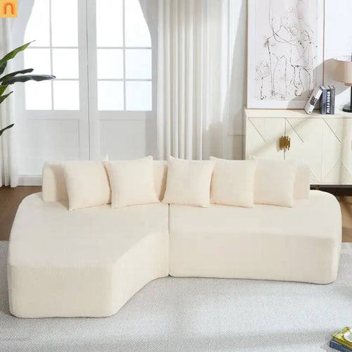 Sectional Sofa Modular Corduroy Ivory 3-Seat 5 Pillows 110in No Assembly