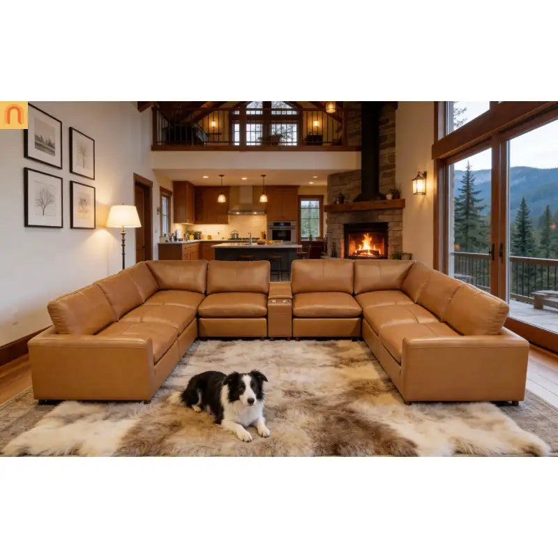 Sectional U-Shape Leather Match Ginger 164in 8-Seat