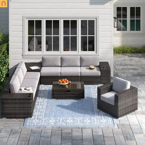 Outdoor Sectional Set Wicker Espresso 11-Piece Seats 7 Storage