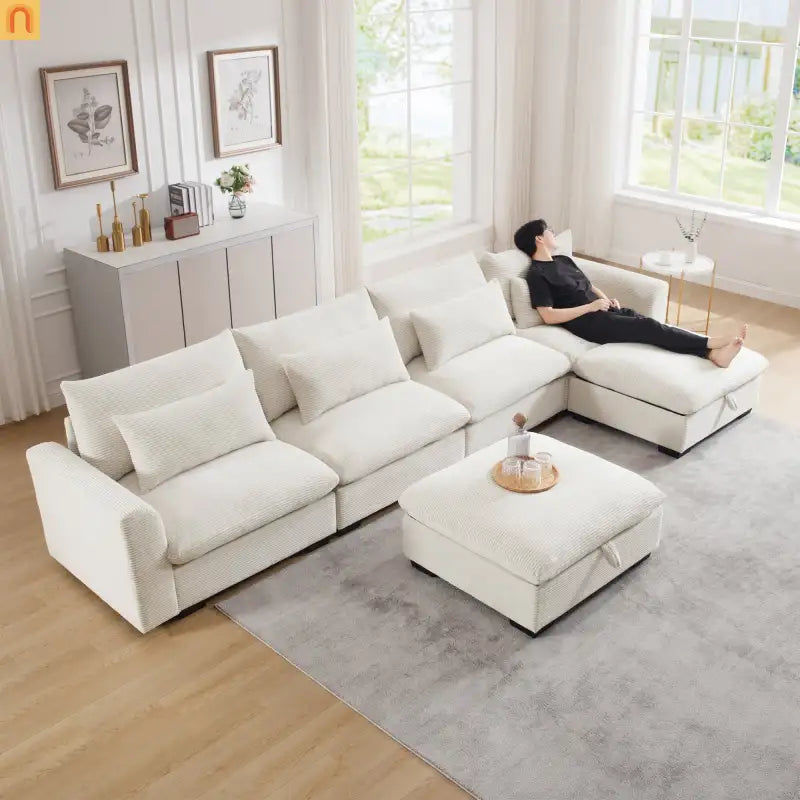 Sectional Sofa U-Shape Corduroy Beige 4-Seat Storage Ottoman