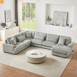 Chaise Lounge Sectional U-Shaped Corduroy Gray 5-Seat 7 Pillows 129in