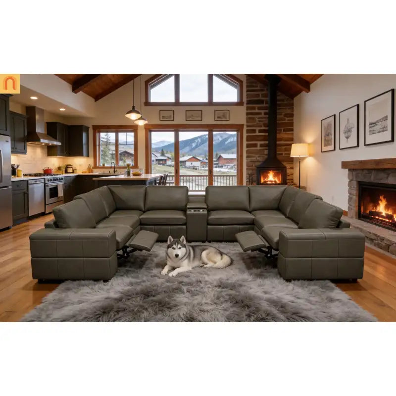 Sectional Modular Leather Match Olive Green 8-Seat 2 Recliners 140in