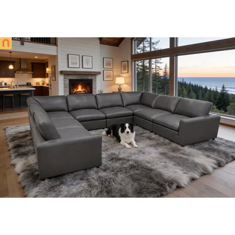 Sectional Sofa U-Shape Leather Match Blue Gray 152in