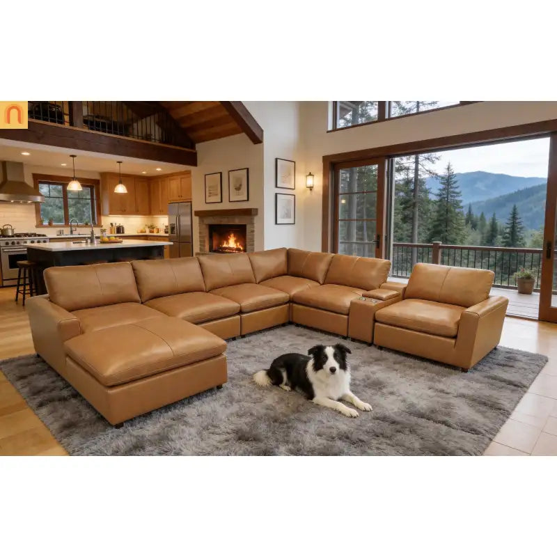 Sectional U-Shape Leather Match Ginger 7-Seat