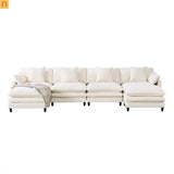 Sectional Sofa U-Shaped Chenille Beige 4-Seat 2 Ottomans 141in