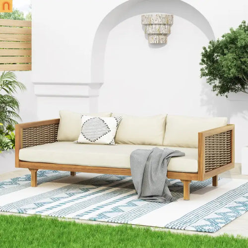 Outdoor Daybed Sofa Acacia Wood Rattan Arms Teak 3-Seater 67.5in