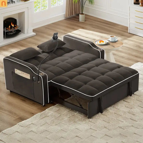 Sofa Bed Velvet Brown 3-in-1 Pull-Out USB Cup Holders 500 lb 64in