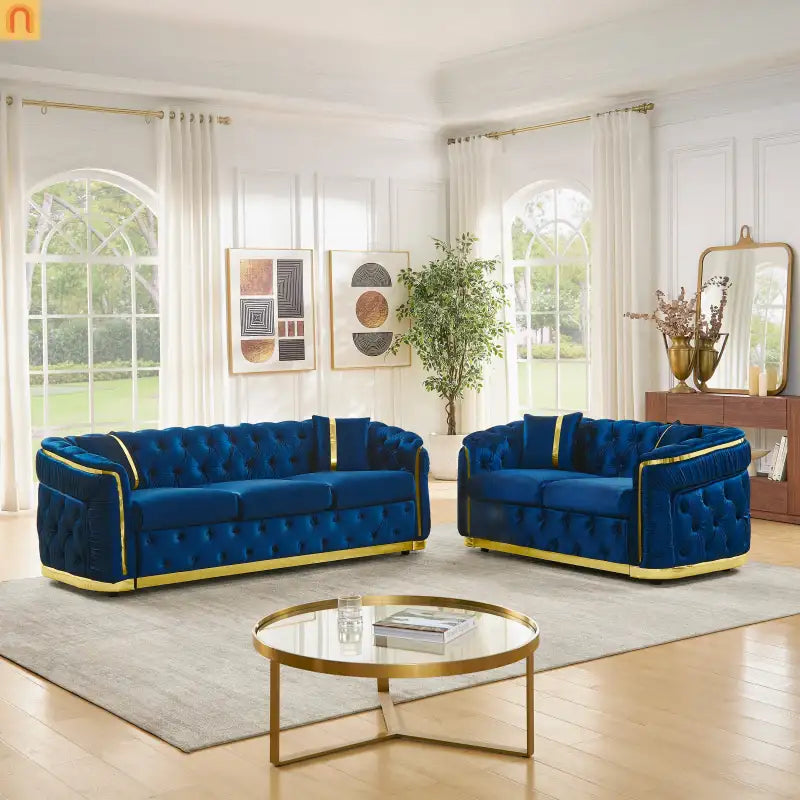 Sofa Chesterfield Velvet Navy 3-Seat Gold Steel Accents