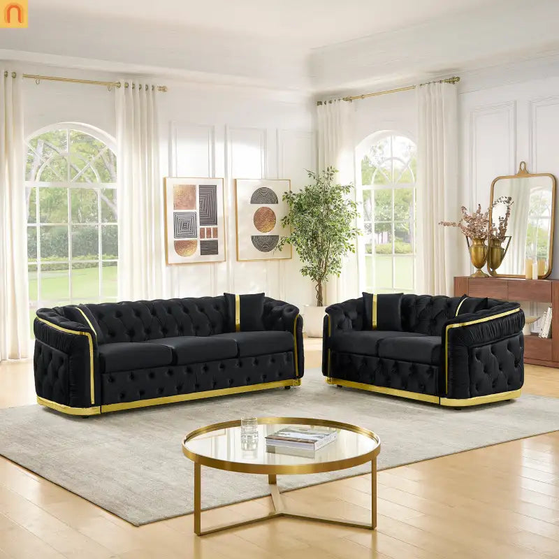 Loveseat Chesterfield Velvet Black Tufted Gold Steel Accents