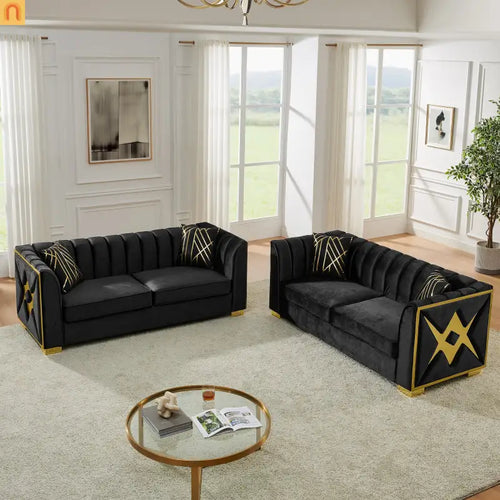 Sofa Mid-Century Velvet Black 3-Seat Gold Hardware 81in