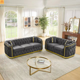 Sofa Chesterfield Velvet Gray 5-Seat Tufted Gold Accents