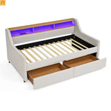 Sofa Bed Twin Linen Beige Storage Drawers LED RGB Wireless Charge