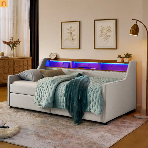 Sofa Bed Twin Linen Beige Storage Drawers LED RGB Wireless Charge
