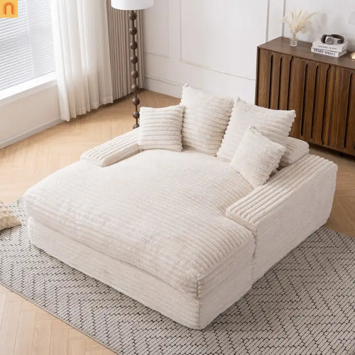 Sofa Chaise Corduroy Beige Queen Sleeper 500 lb No Assembly