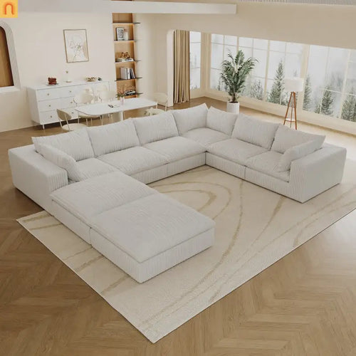 Sofa Modular Corduroy White 8-Seat 157in Feather-Fill Double Cushion