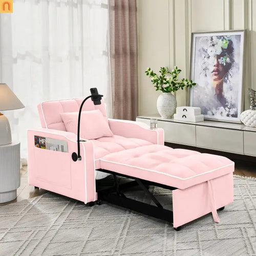 Sofa Bed Chair Convertible Velvet Pink Pull-Out Twin USB