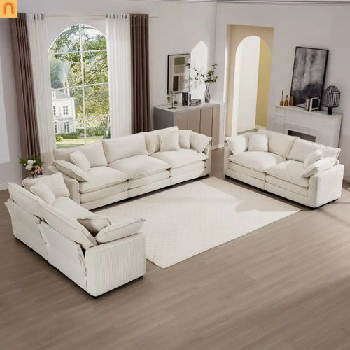 Sofa Set Corduroy Beige Deep Seat 2-Piece Retro Modern