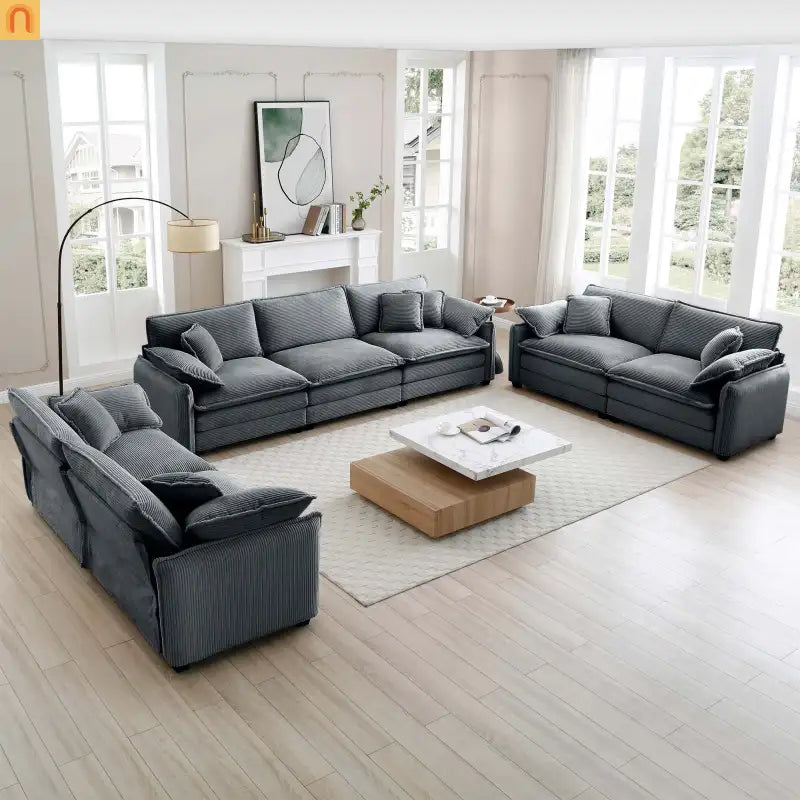 Sofa Set Deep Seat Corduroy Gray 7-Seat 3-Piece Retro Style