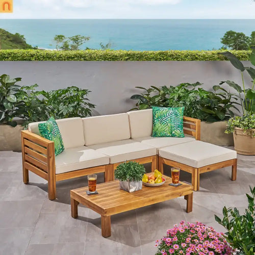 Outdoor Sofa Set Acacia Wood Teak Beige Cushions 5-Piece