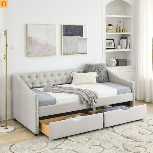 Daybed Twin Linen Beige Button Tufted Drawers 500 lb