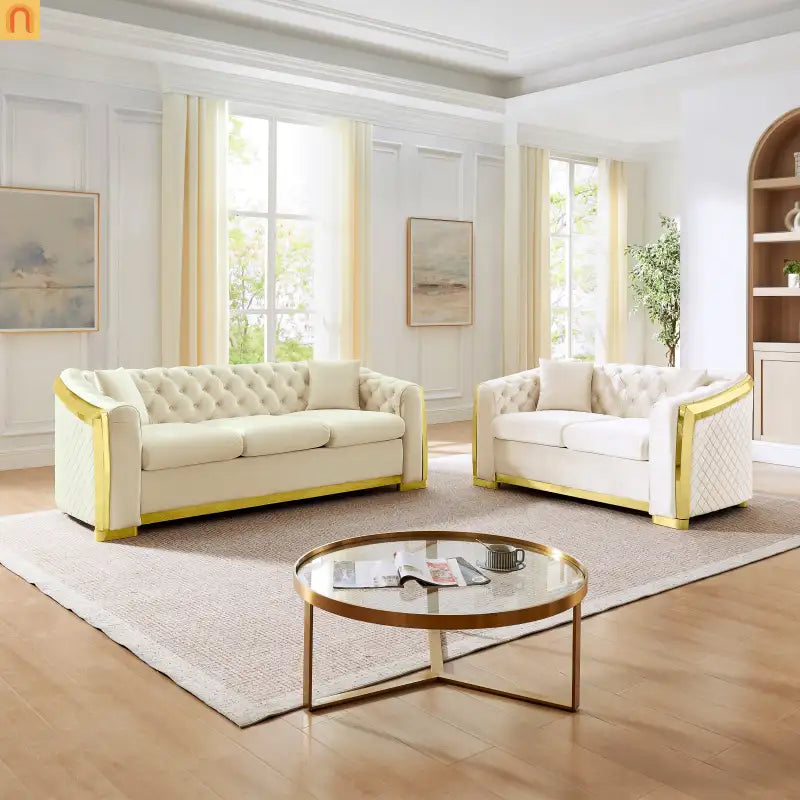 Loveseat Chesterfield Velvet Beige Tufted Gold Steel Accents