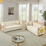 Sofa Mid-Century Velvet Beige 3-Seat Gold Hardware 81in